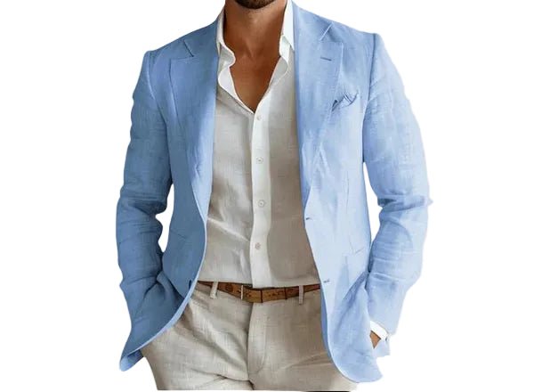 Trendy men's relaxed fit summer blazer, open chest design. Lightweight jacket for stylish casual men's fashion.