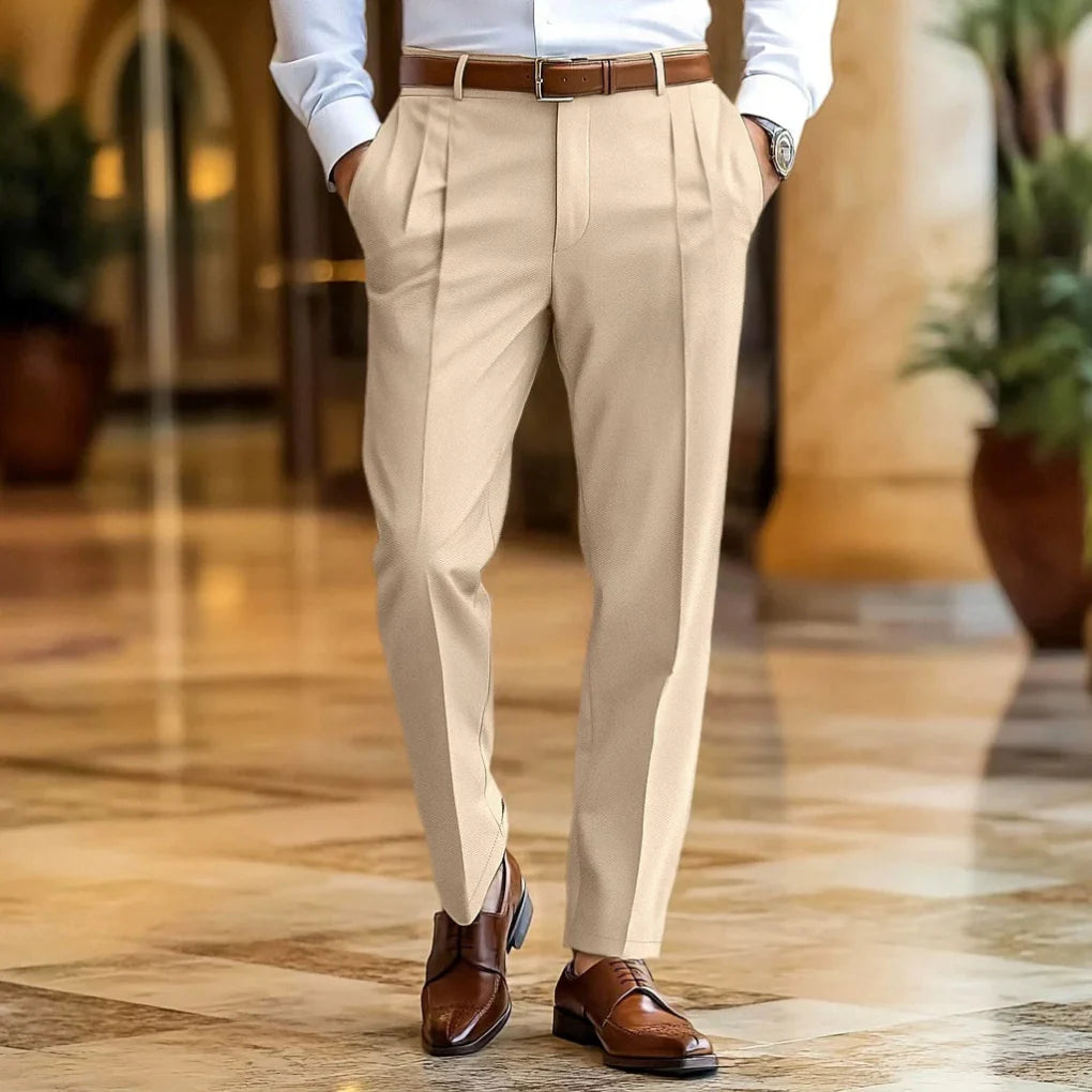 Men's relaxed fit summer trousers in a breathable fabric. Perfect for smart casual looks. Lightweight and comfortable.