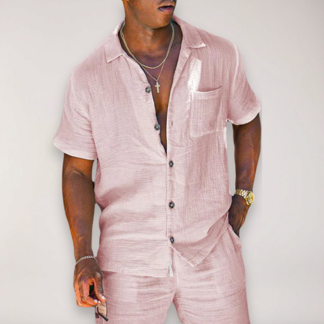 Coordinated men's two-piece summer set, relaxed fit shirt and shorts, ideal for casual beach & holiday wear.