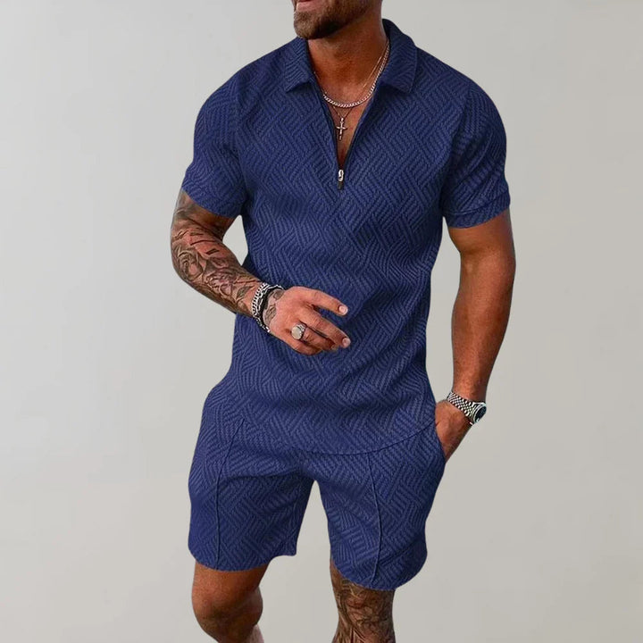 Casual men's summer co-ord set featuring a relaxed fit shirt & matching shorts for loungewear or outdoor comfort.