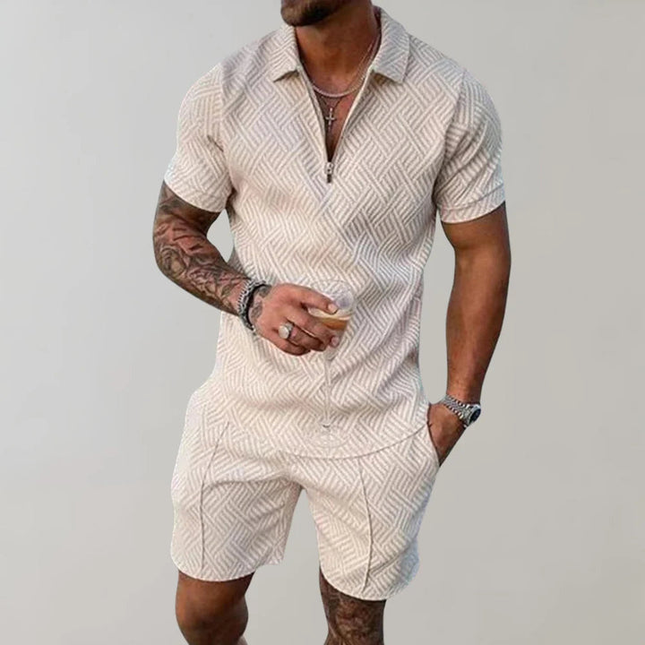 Comfortable men's two-piece summer set: relaxed fit short-sleeve shirt and matching shorts for casual wear.