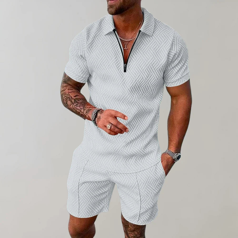Soft, comfortable men's two-piece loungewear set. Relaxed fit shirt and shorts for summer casual wear.