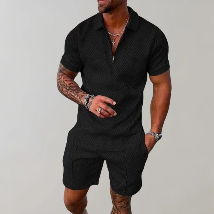 Stylish men's summer co-ord set with a relaxed fit shirt and casual shorts. Comfortable two-piece loungewear.
