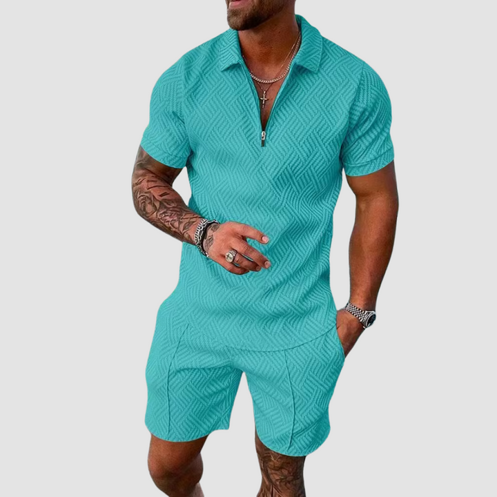 Men's relaxed fit summer two-piece set, a comfortable casual shirt and shorts co-ord for warm days.