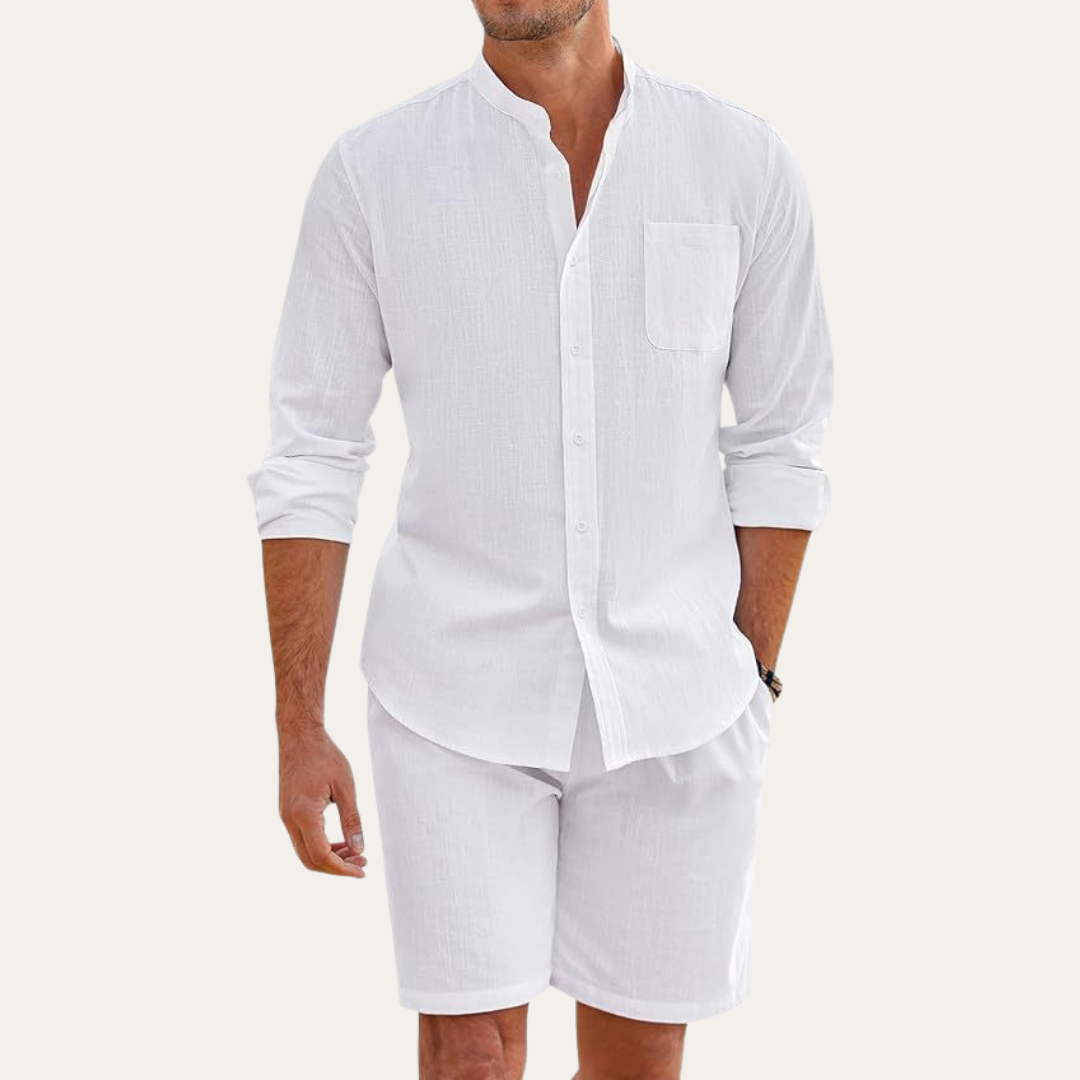 Casual men's summer two-piece outfit featuring a relaxed fit shirt and matching shorts for beachwear.