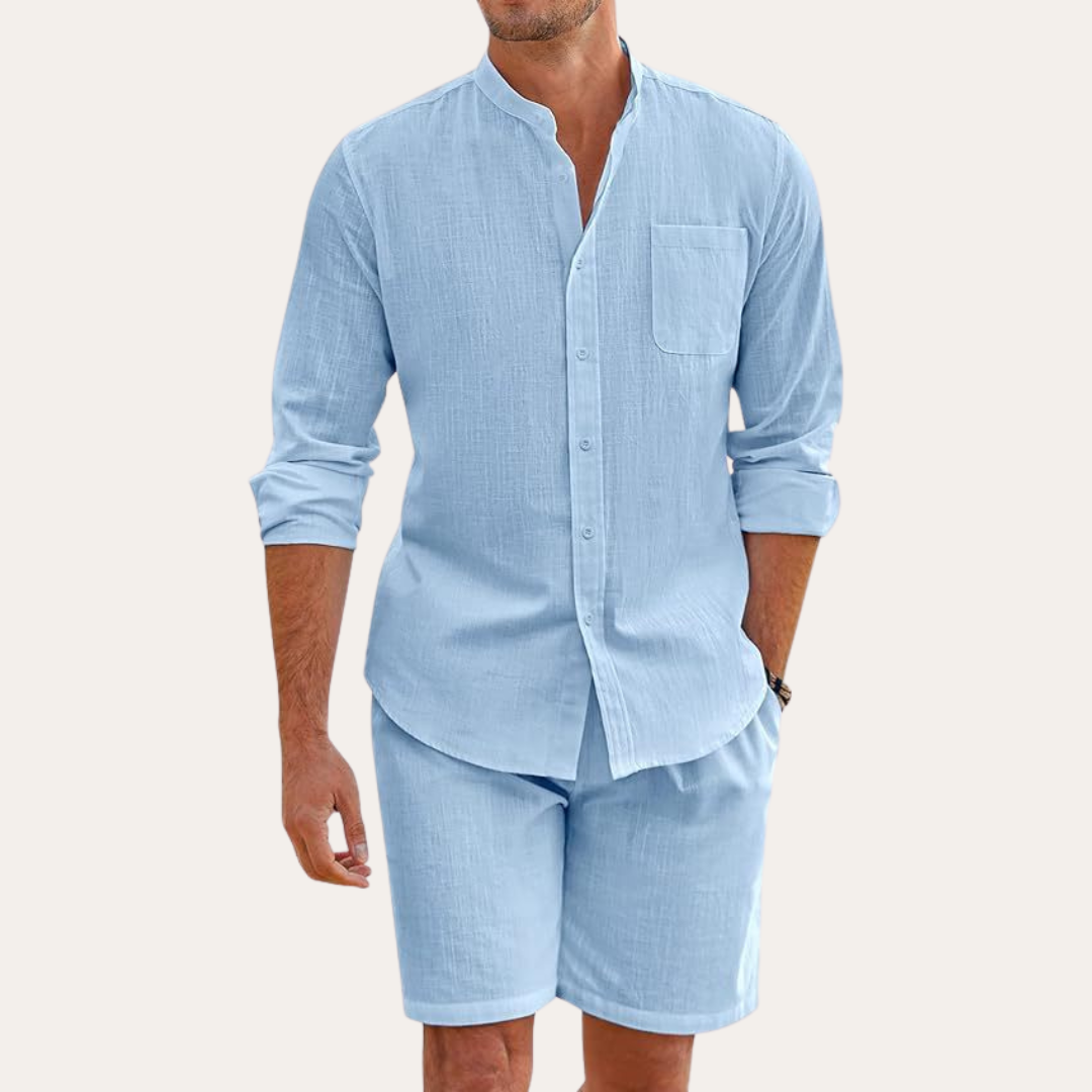 Stylish men's relaxed fit summer set with long sleeve shirt and shorts, perfect for beach or resort fashion.