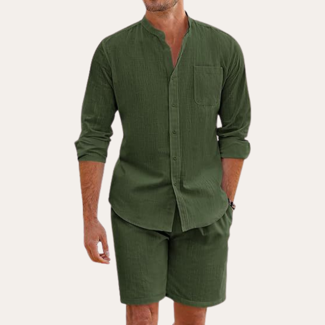 Men's summer relaxed fit matching set: long sleeve shirt and shorts. Ideal men's casual or resort beachwear.