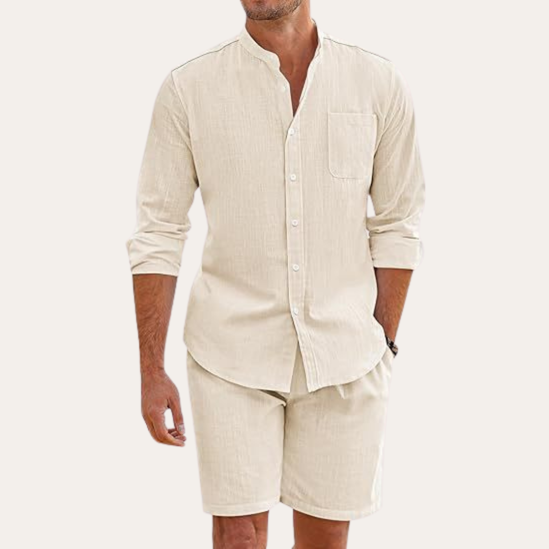 Men's relaxed fit summer outfit, two-piece long sleeve shirt & shorts set for casual resort wear.