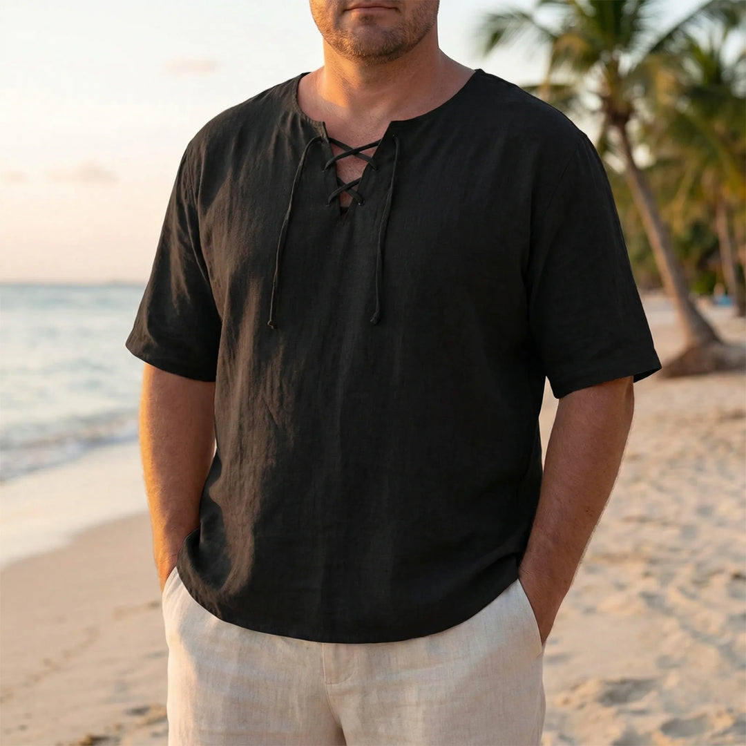 Men's relaxed fit V-neck pullover top with half sleeves, perfect for casual summer wear.