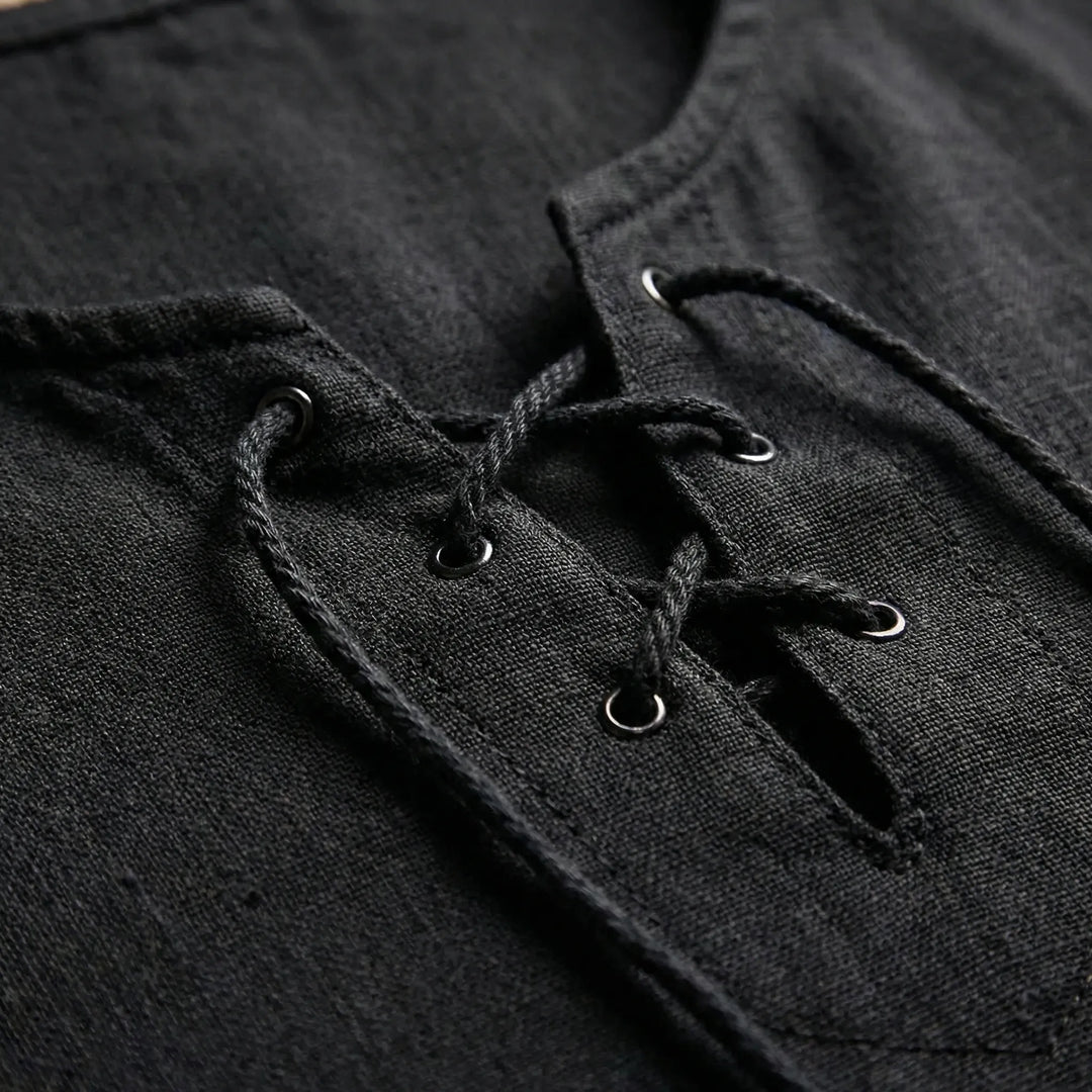 Stylish men's V-neck pullover with lace-up detail. Relaxed, comfortable half-sleeve top for casual wear.