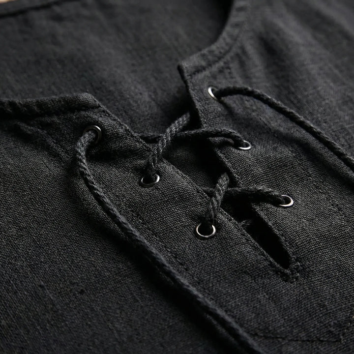 Stylish men's V-neck pullover with lace-up detail. Relaxed, comfortable half-sleeve top for casual wear.