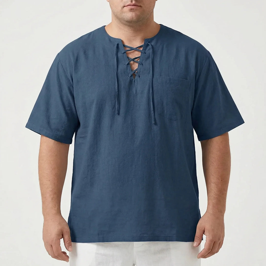 Comfortable men's relaxed V-neck pullover top, ideal for casual summer days. Loose fit half-sleeve design.