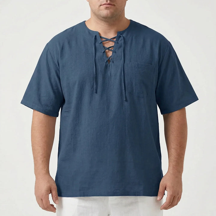 Comfortable men's relaxed V-neck pullover top, ideal for casual summer days. Loose fit half-sleeve design.