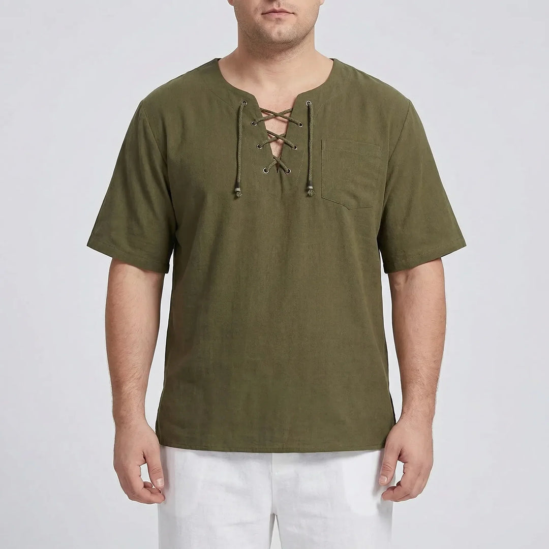 Plus size men's relaxed V-neck pullover top. Comfortable half-sleeve, loose fit for effortless casual style.