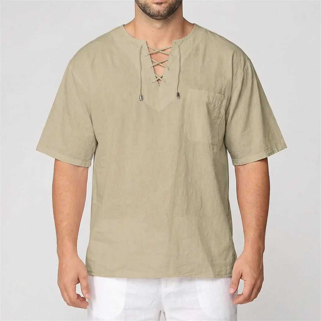 Soft men's V-neck pullover top. Relaxed, loose fit with half sleeves for ultimate casual comfort.