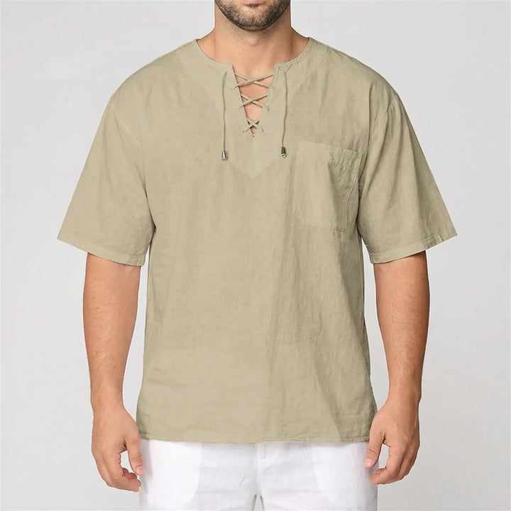 Soft men's V-neck pullover top. Relaxed, loose fit with half sleeves for ultimate casual comfort.