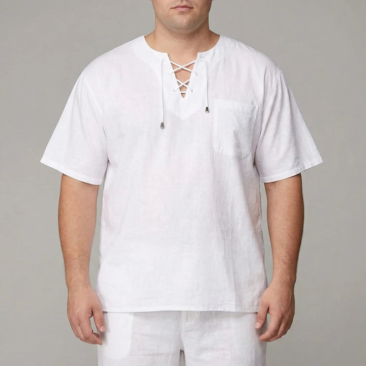 Men's Effortless Style Relaxed V-Neck Pullover Top. Casual, loose fit, comfortable half-sleeve design.