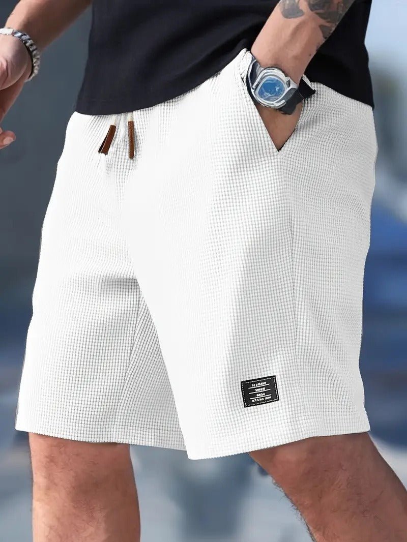 Back view of men's relaxed fit waffle knit shorts, showing comfortable design and casual appeal.
