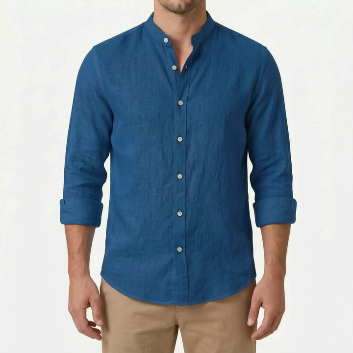 Lightweight men's relaxed fit long-sleeve button-up shirt, perfect for summer fashion.
