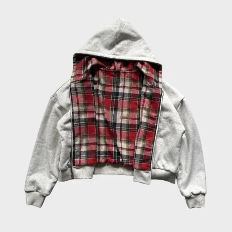 Men's reversible oversized hoodie. Checked pattern on one side, solid on other. Casual, comfortable, dual-style.