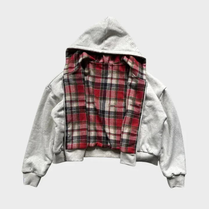 Men's reversible oversized hoodie. Checked pattern on one side, solid on other. Casual, comfortable, dual-style.