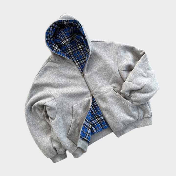 Josh men's reversible oversized hoodie. One side checked, other solid. Adjustable hood, ideal for streetwear.