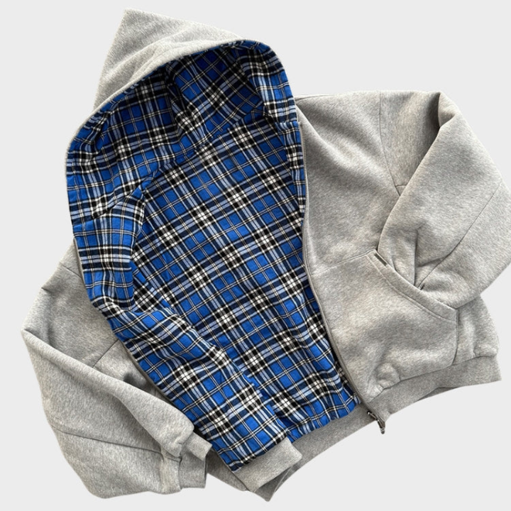 Oversized men's casual hoodie, reversible design with a modern checked pattern & a versatile solid color.