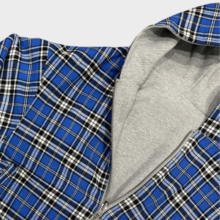 Men's dual-style reversible oversized hoodie. Features checked pattern, solid color, front zipper, comfy.