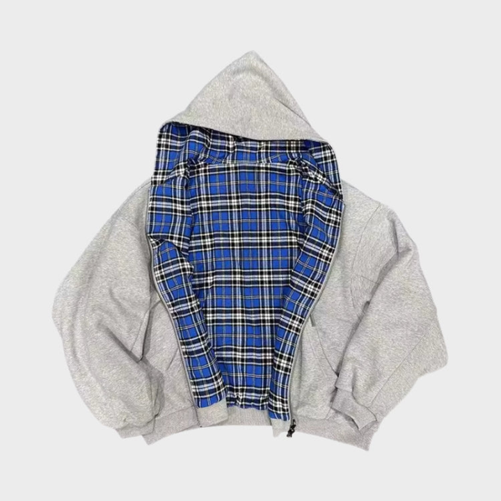 Streetwear-ready men's reversible oversized hoodie. Choose between a bold checked pattern or classic solid look.