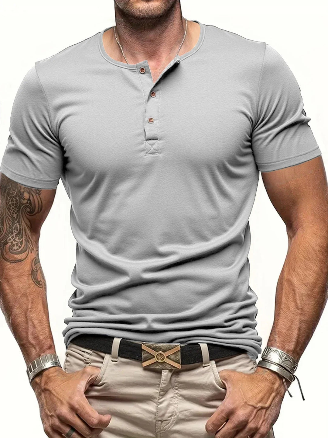 Slim fit men's Henley shirt, ideal for spring & summer fashion, a comfortable casual top.