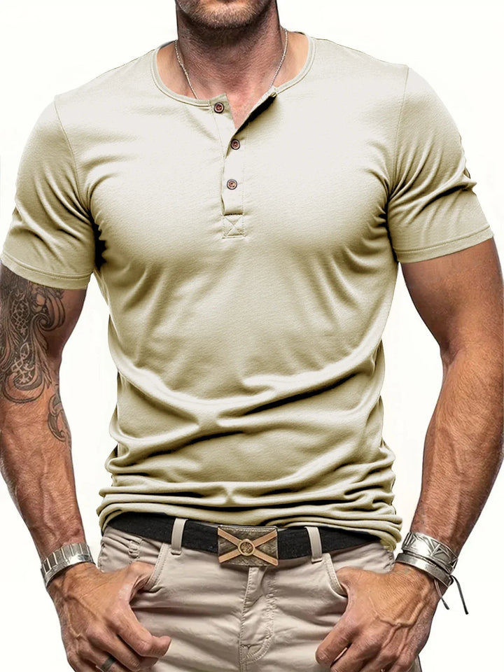 Stylish men's Henley t-shirt featuring a ribbed collar and short sleeves, great for daily outfits.