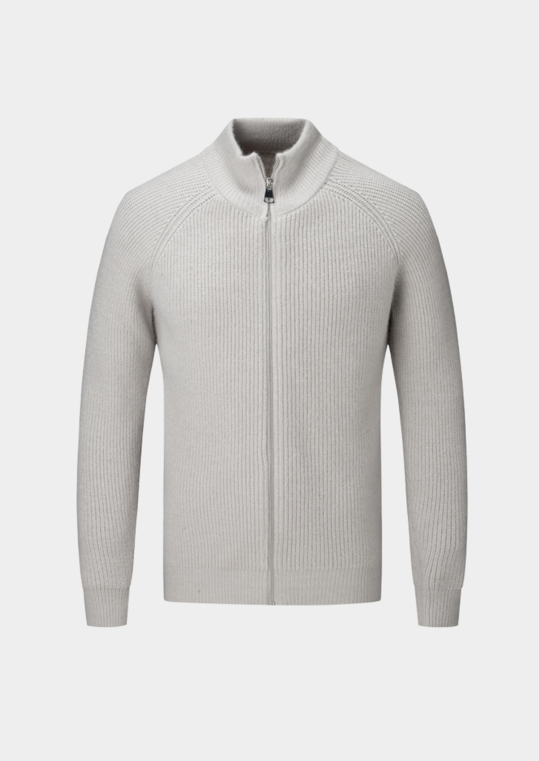 Men's ribbed funnel neck zip cardigan. Smart casual knitwear for versatile layering.