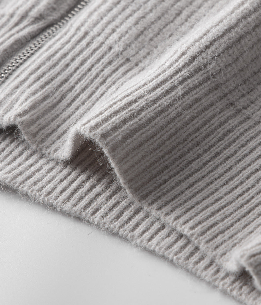 Ribbed funnel neck men's cardigan. Smart, all-season zip-up for various daily occasions.