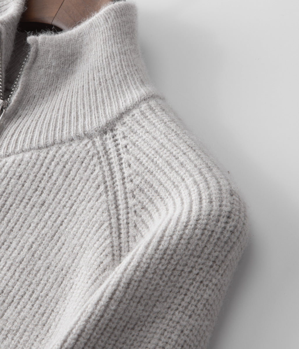 Elegant men's ribbed funnel neck. Zip-up sweater, perfect for a sophisticated casual style.