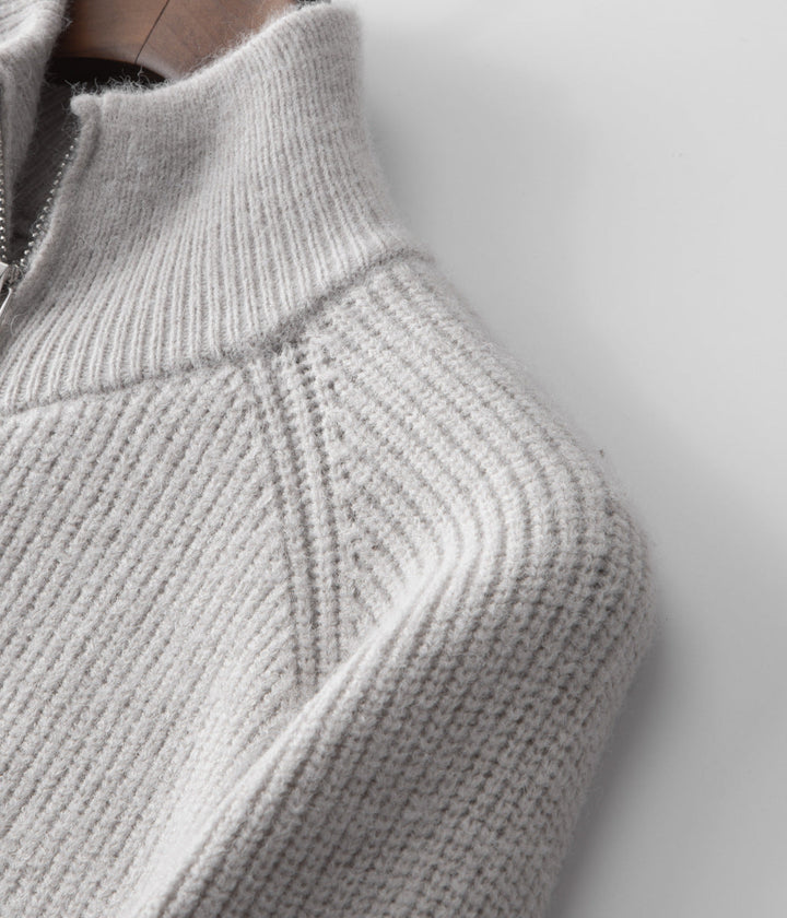 Elegant men's ribbed funnel neck. Zip-up sweater, perfect for a sophisticated casual style.