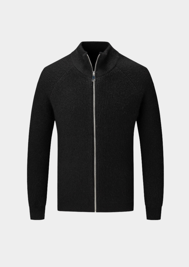 Men's durable ribbed knit cardigan. Funnel neck, full zip-up for everyday and smart wear.