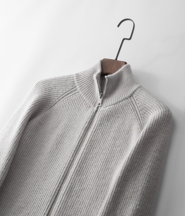 Men's long-sleeve ribbed cardigan. Funnel neck, full zip for adaptable everyday wear.