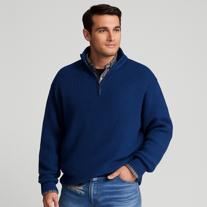 Men's ribbed half-zip sweater with stand collar, ideal for fall & winter layering.