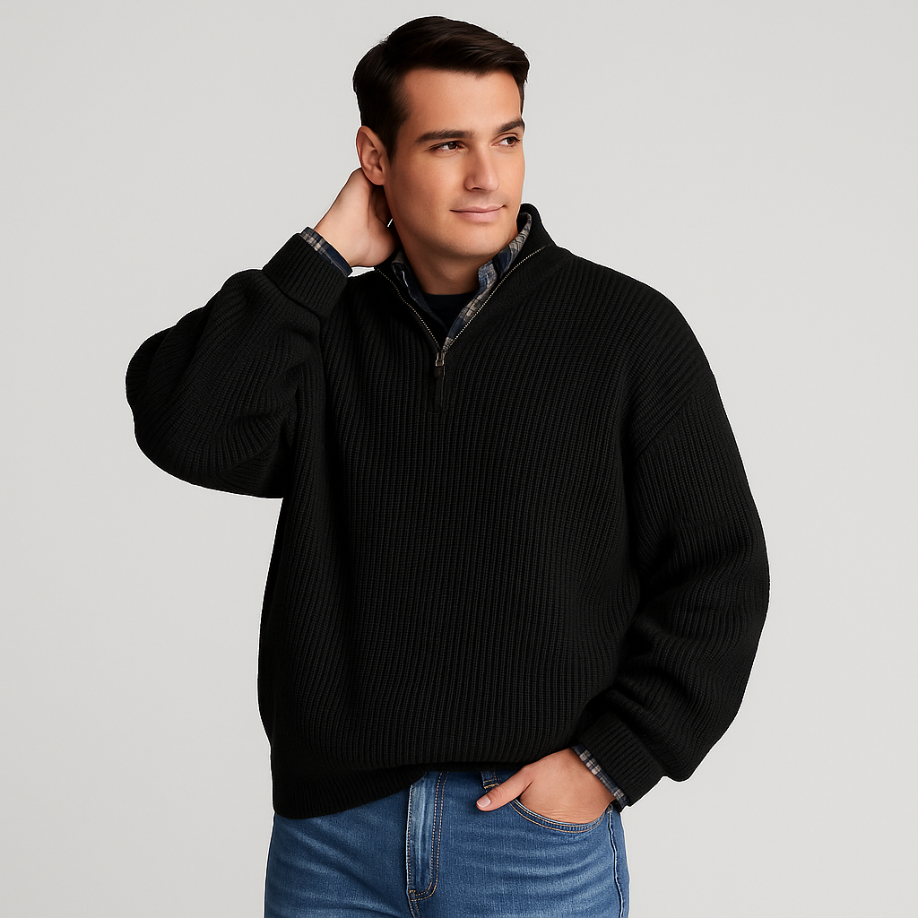 Close-up of men's ribbed half-zip sweater, highlighting soft texture, stand collar, and pullover design.