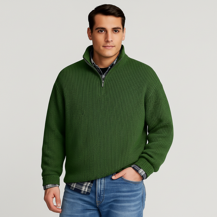 Stylish men's half-zip pullover sweater, ribbed knit and stand collar, perfect for smart casual fall outfits.