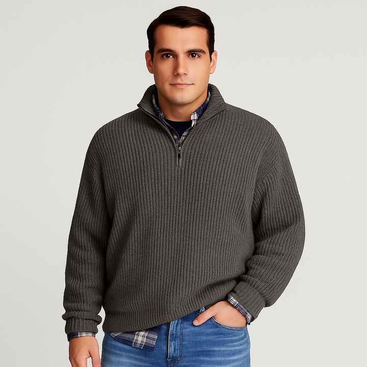 Men's long-sleeve ribbed half-zip sweater, comfortable fit with stand collar. Versatile casual & smart casual wear.