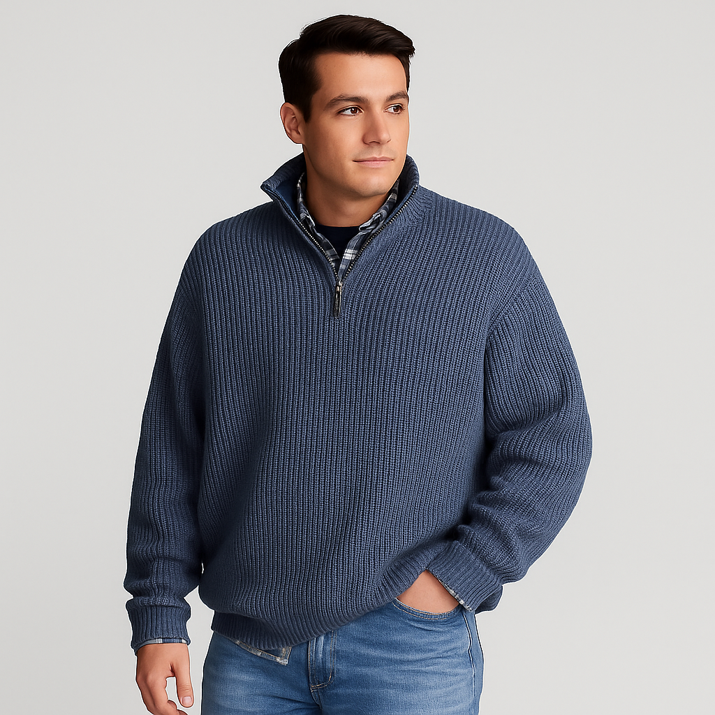 Classic men's half-zip sweater, ribbed texture & stand collar, a versatile long-sleeve pullover for winter fashion.