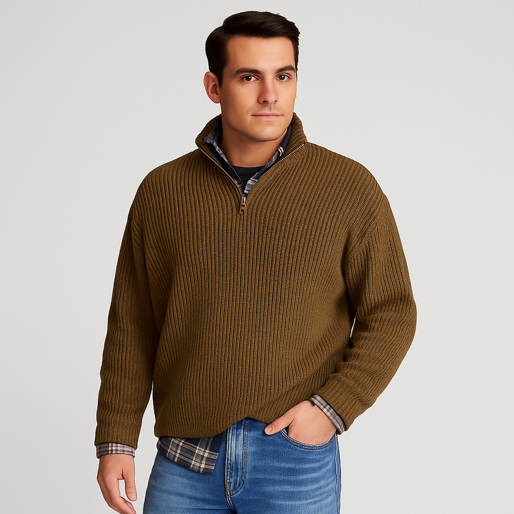 Detail shot: stand collar and half-zip on a men's ribbed knit sweater, showcasing modern casual pullover style.