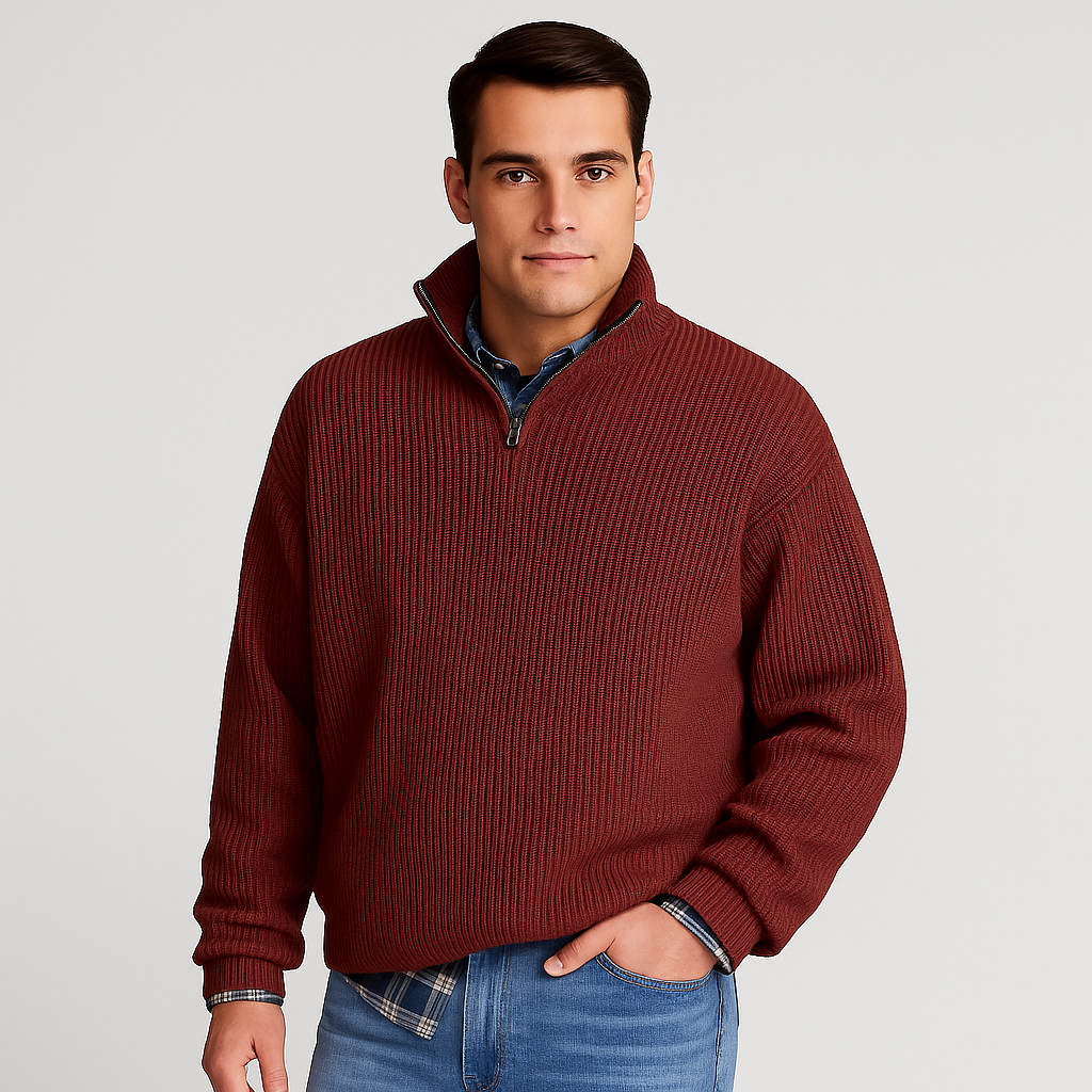 Warm men's ribbed half-zip sweater, stand collar, essential long-sleeve pullover for winter layering & comfort.