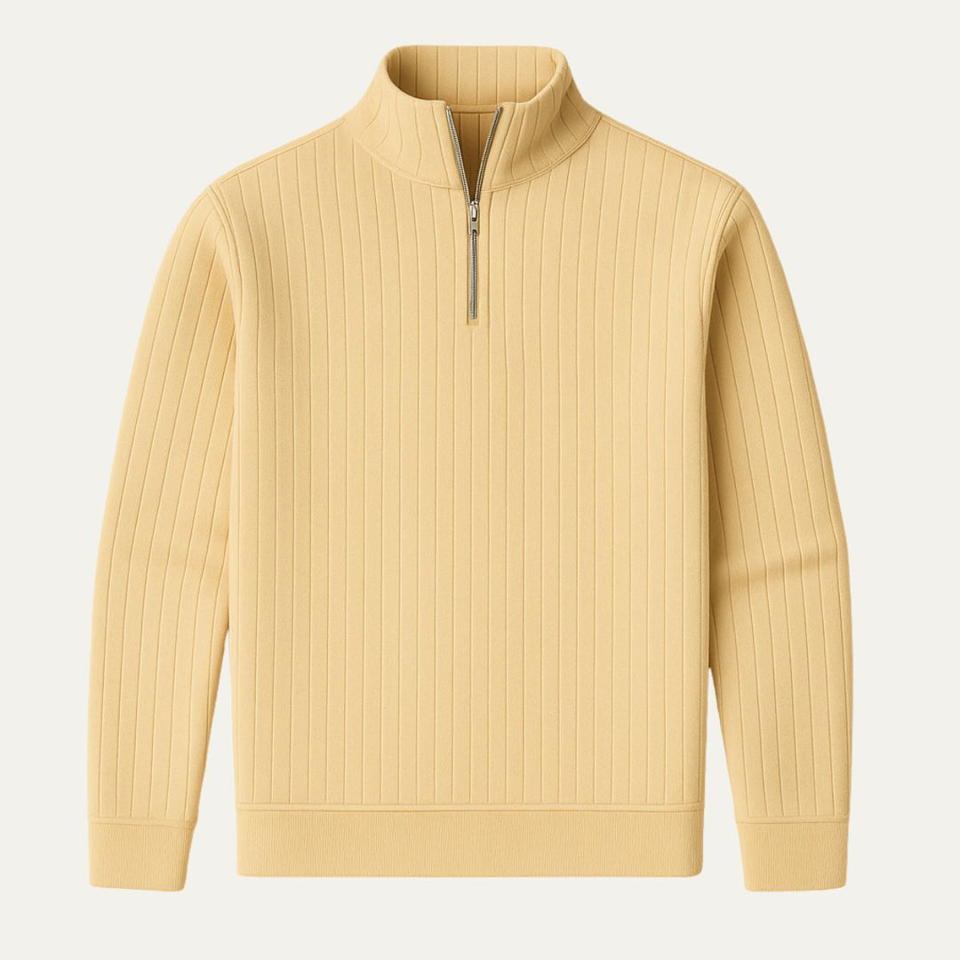Men's ribbed half-zip sweater with stand collar in cozy knit, perfect for winter layering & casual wear.