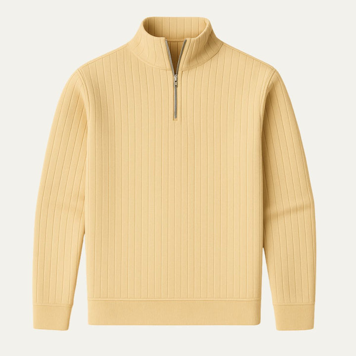Men's ribbed half-zip sweater with stand collar in cozy knit, perfect for winter layering & casual wear.
