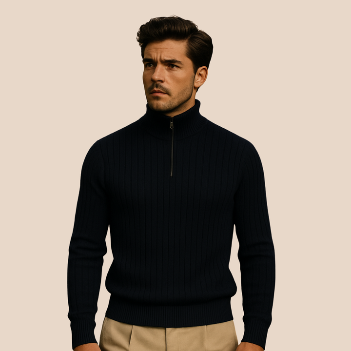 Winter-ready men's ribbed half-zip sweater with stand collar. A practical and stylish layering piece.