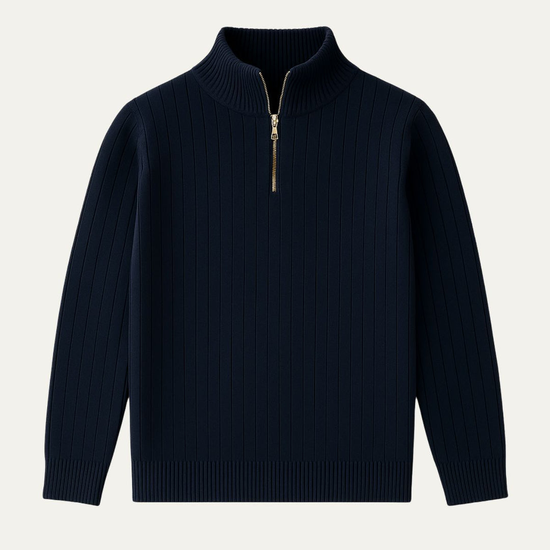 Stylish men's half-zip ribbed sweater with stand collar, ideal for smart casual or everyday comfort.