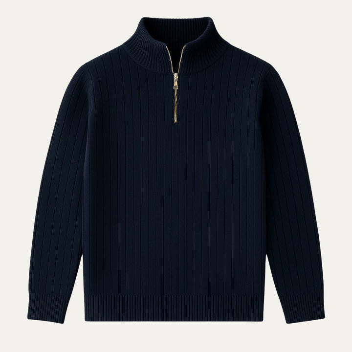 Stylish men's half-zip ribbed sweater with stand collar, ideal for smart casual or everyday comfort.