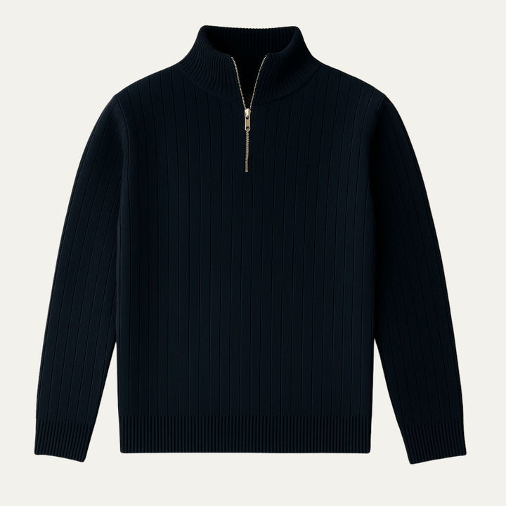 Cozy ribbed knit men's half-zip sweater, stand collar design offers warmth & style for cold weather.